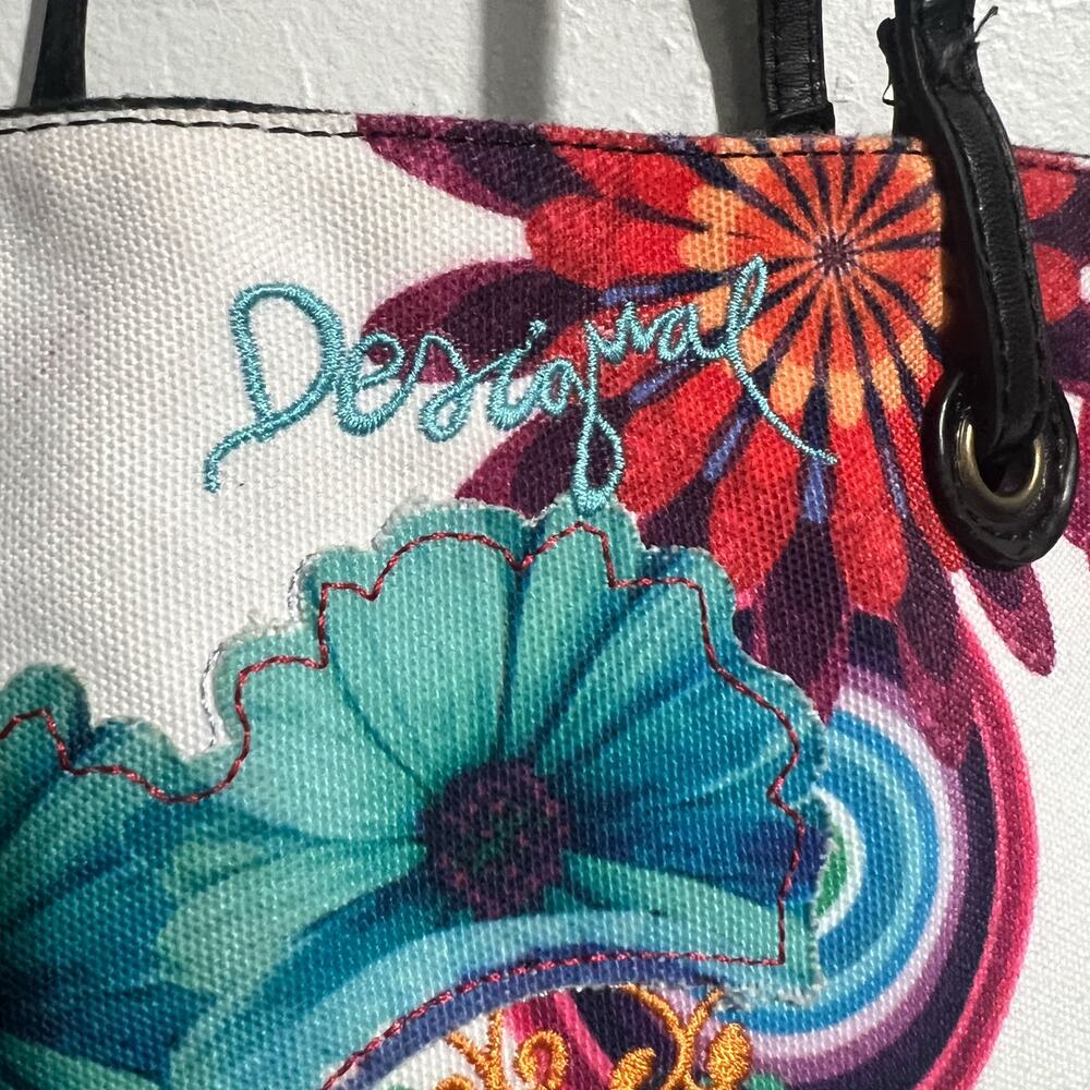 Desigual Bag Tote Colorful Embroidered Flower Canvas Boho Eclectic Vida Chula - Picture 4 of 7